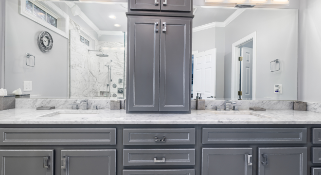 gray and white themed cabinets